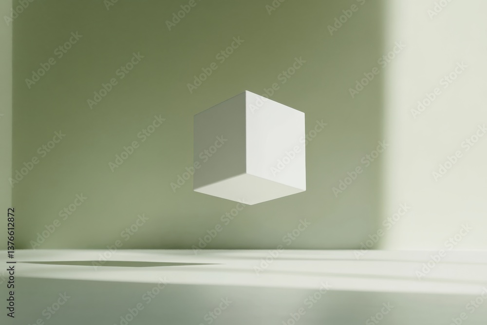 Poster Floating white cube in minimalist space creates a sense of calm and sophistication at daytime