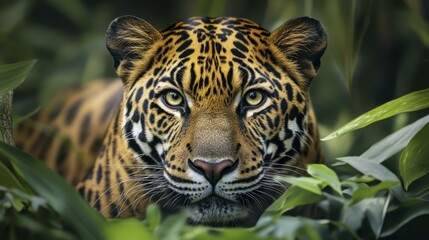 Obraz premium Striking Jaguar Portrait: Intense Gaze Surrounded by Lush Greenery in Natural Habitat