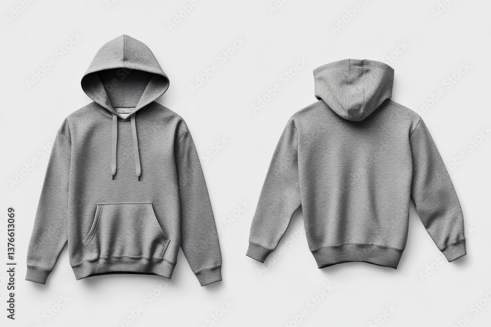 Poster simple grey hoodie displayed from front and back angles on a neutral background for casual wear show
