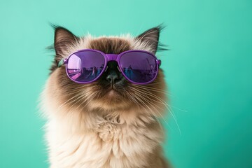 An adorable cat wearing fashionable purple sunglasses posing cheerfully