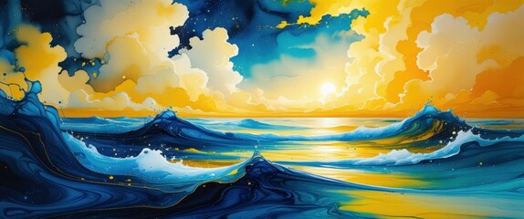 serene sunset painting of waves and clouds over the sea