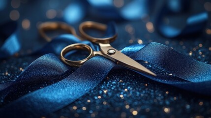 Golden scissors poised to cut a dark blue ribbon on a glittering surface.