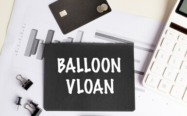 Black card with the misspelled phrase balloon vloan on a financial charts, surrounded by...