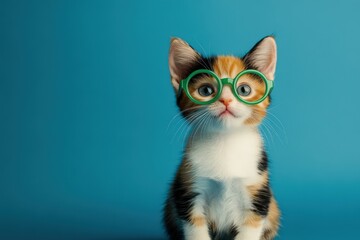 Fototapeta premium Adorable calico kitten wears small green glasses on its face