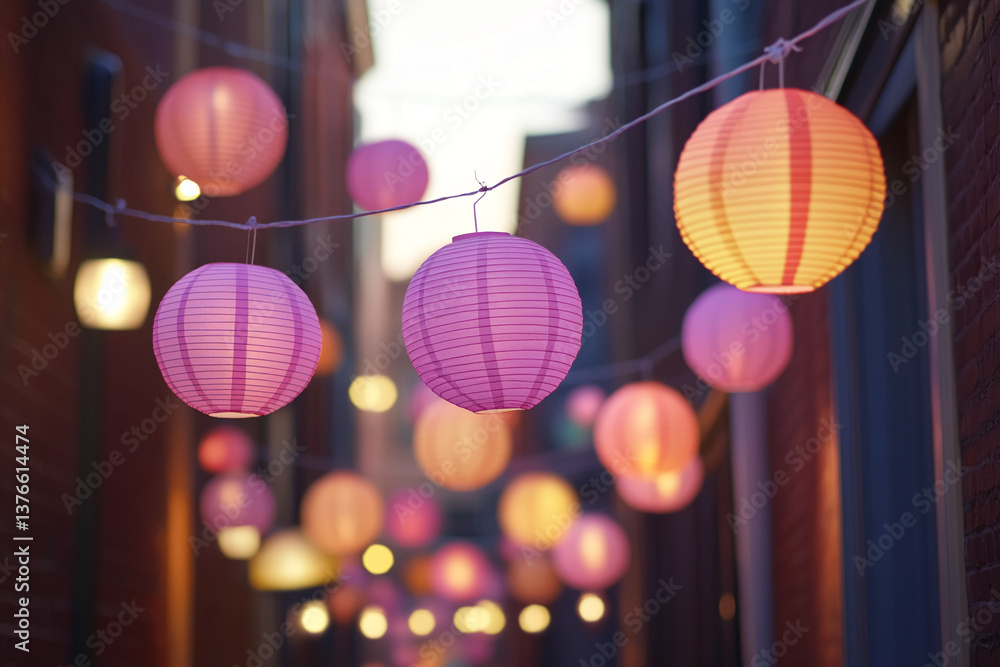 Poster string of illuminated paper lanterns in pink and orange hues, creating a warm and festive ambiance, 