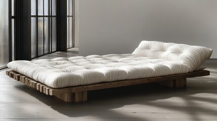 Futon bed with wooden frame and off-white mattress in minimalist room.