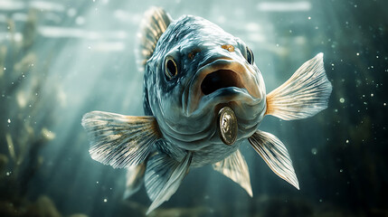 Obraz premium Realistic 3D render of a fish moving toward the viewer with a shiny coin held between its jaws, clear aquatic background, dramatic lightingHighly detailed, cinematic composition,