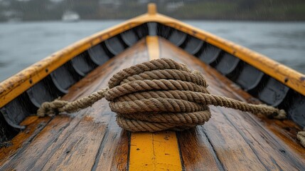 Fototapeta premium Close-up of a coiled rope on a wooden boat deck in rainy weather.
