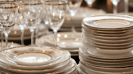 Close-up of stacked porcelain plates with gold rims, accompanied by blurry wine glasses in the background, suggesting elegance and sophistication for a formal event or dinner setting