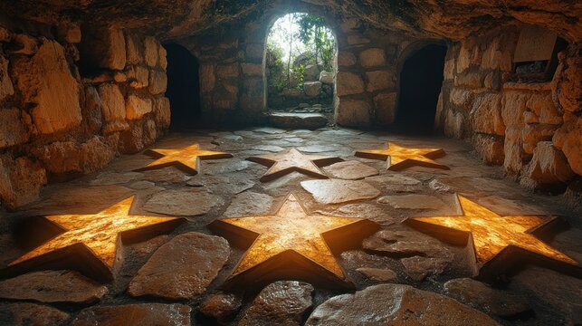 Illuminated star-shaped stones pave a path to a light-filled exit in a dark stone cave.