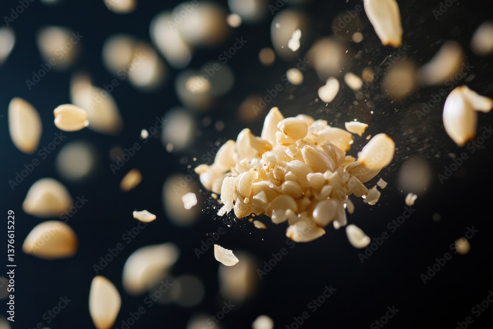 Poster Floating sesame seeds create a dynamic visual effect against a dark background