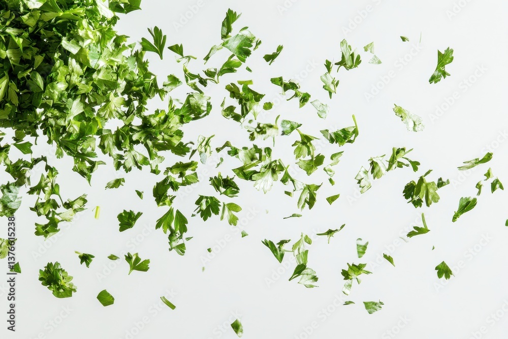 Poster chopped fresh herbs scattered on a simple white background in a kitchen setting for culinary use