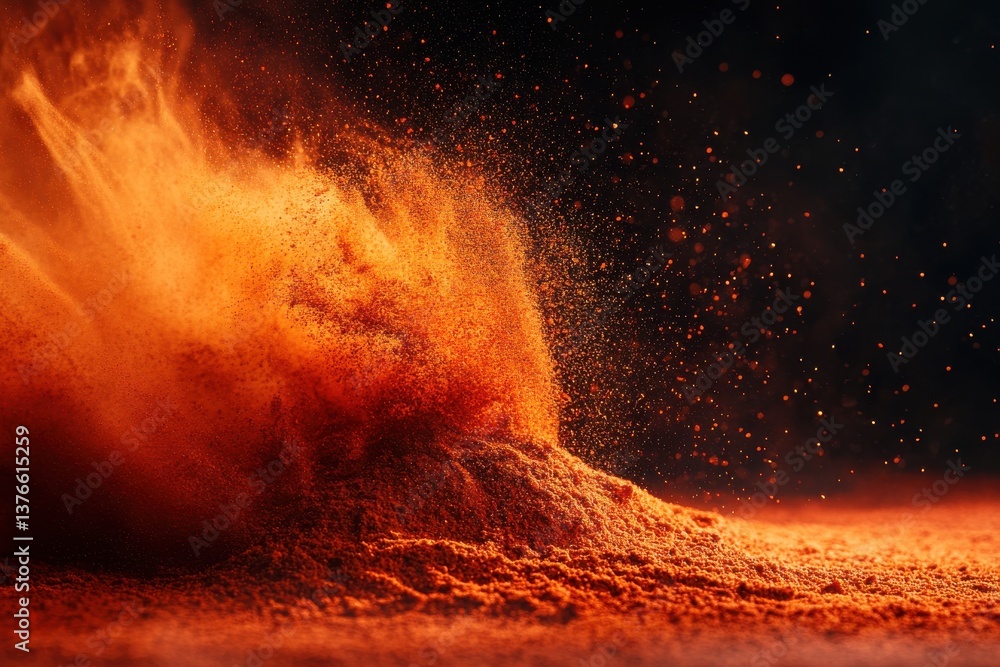 Poster vibrant red spice dust erupts in a cloud during culinary preparation in a kitchen setting