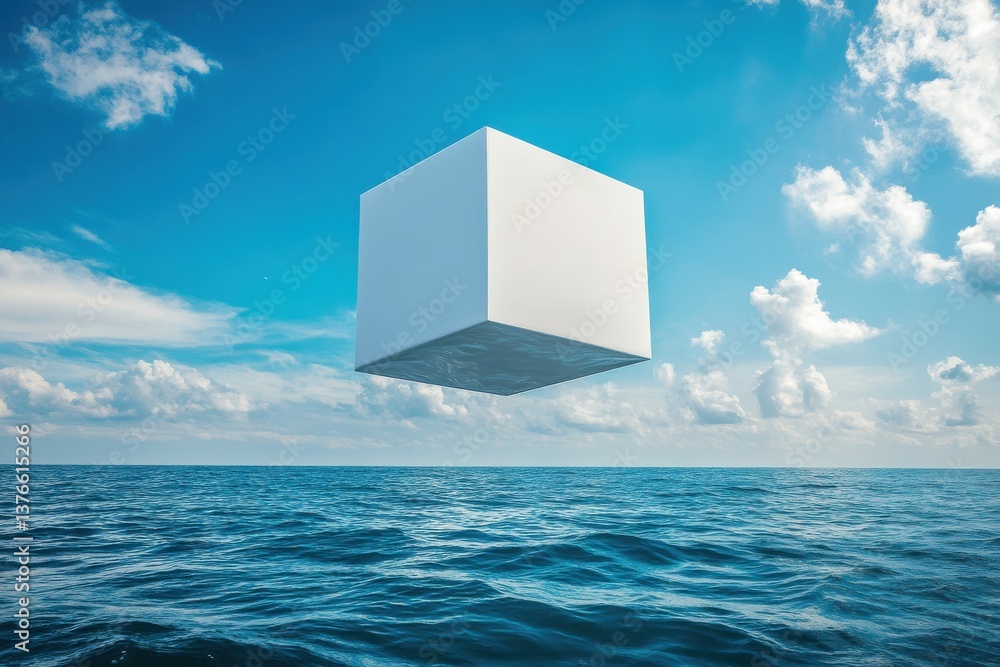 Poster floating white cube over serene ocean with clear blue sky and fluffy clouds during daylight