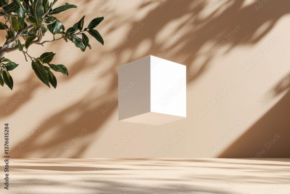 Poster Floating white cube casting shadows in a minimalist setting with natural light and subtle earthy tones