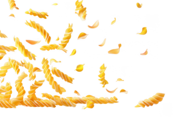 Scattered rotini pasta and petals isolated on transparent background