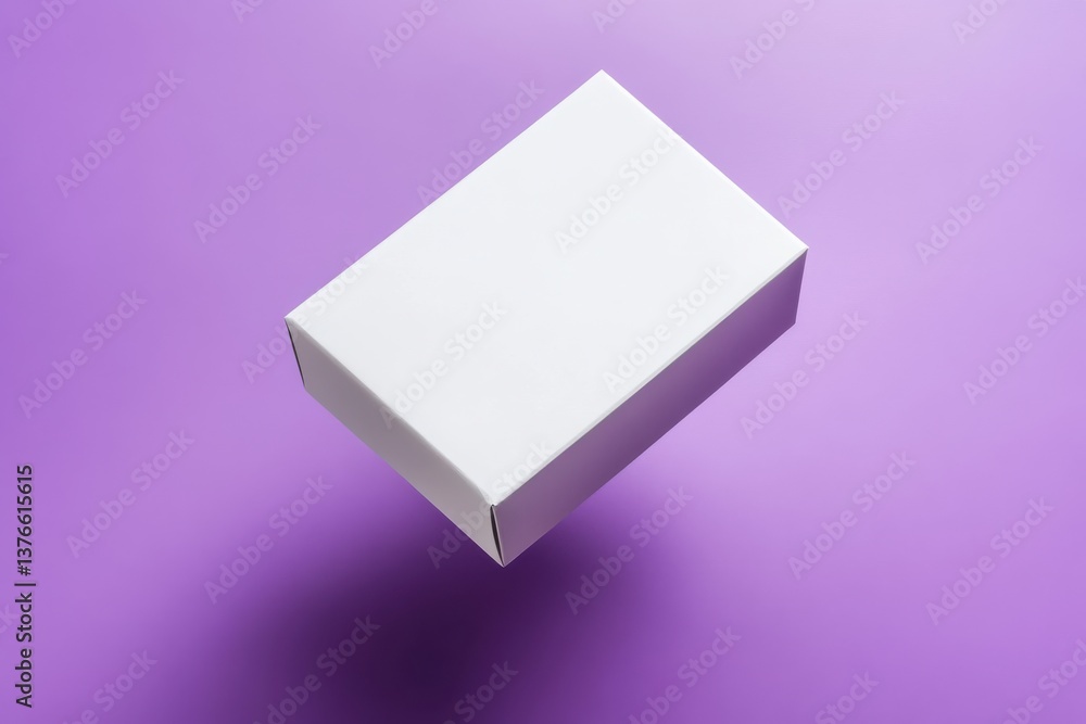 Poster simple white box floating above a purple surface with a clean and modern aesthetic