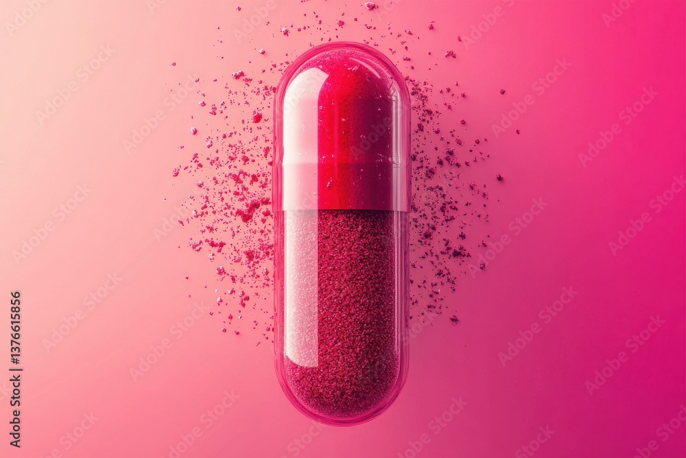 Aufkleber Bright pink capsule filled with colorful powder on a vibrant background creating an eye-catching visual display