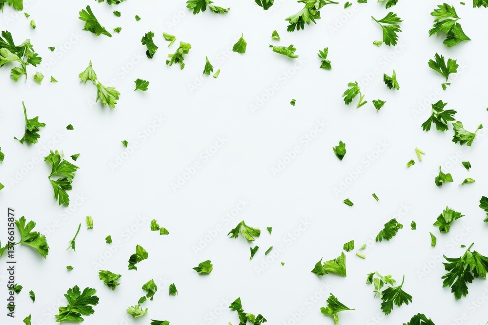 Poster freshly chopped parsley scattered on a light surface ready for culinary use and decoration in a kitc