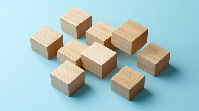 Organizational chart of wooden cubes on blue for business HR  
