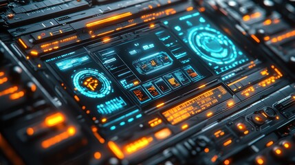 Obraz premium Futuristic digital interface with glowing orange and blue HUD elements.