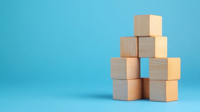 Wooden cube organizational chart on blue for HR business concept  
