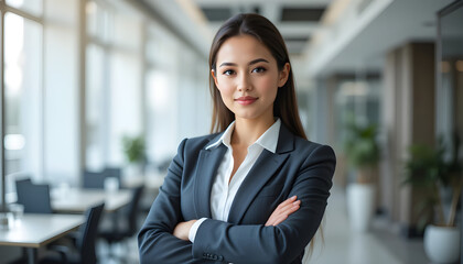 Obraz premium A confident Asian businesswoman in a professional suit stands with arms crossed, posing for a headshot in a modern office environment