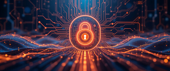 abstract block chain technology cyber protection system with glowing digital lock on the middle, warm color theme, dark red, pink, white gradient color theme, intricate details, smooth, field, 8k reso