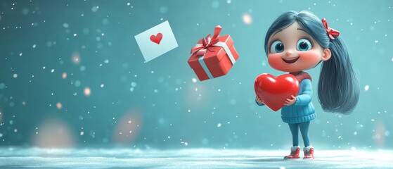 Cute girl holding heart, gift, and letter in winter scene