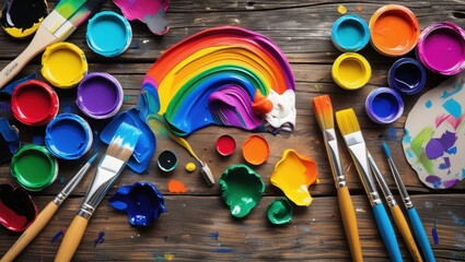 vibrant artistic workspace with paint brushes and table