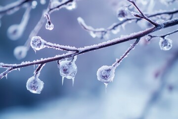 Frozen Berries on Branch After Ice Storm in Winter Season