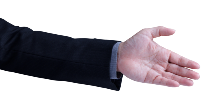 Businessman man hand reach out with palm open up ready for help, negotiation or agreement. Helping hand concept. Isolated in transparent background.