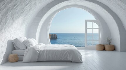 White bedroom with arched window offering ocean view.