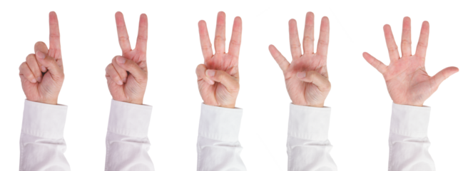 Set of Businessman hand gesturing one to five finger in white shirt.