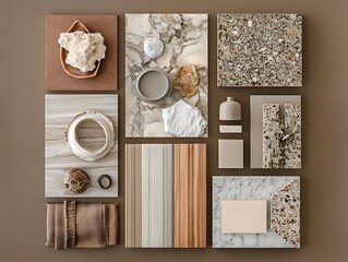 Interior design moodboard featuring varied textures of marble, wood, stone, and fabric samples