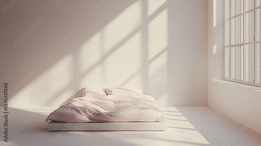 Aufkleber pale pink linen bedding on a low platform bed, bathed in sunlight streaming through a large window. 