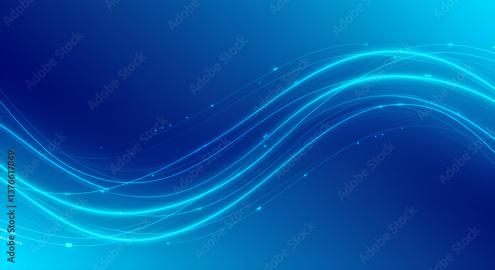 Poster abstract blue technology curved lines and particle background. digital data stream visualization for