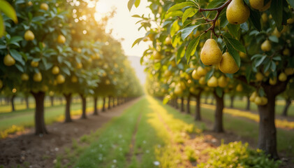 Fototapeta premium Lush pear orchard with golden fruits at sunset 
