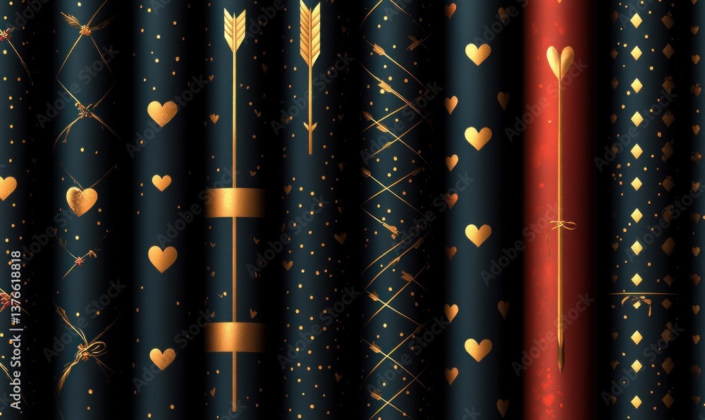 Poster dark elegant patterns with gold hearts and arrows. repeating design elements create a luxurious feel