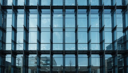 A brutalist glass facade with sharp, rigid grid lines and mirrored panels 