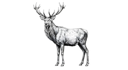 Stag Standing Tall Illustration Black and White Vintage Wildlife Art