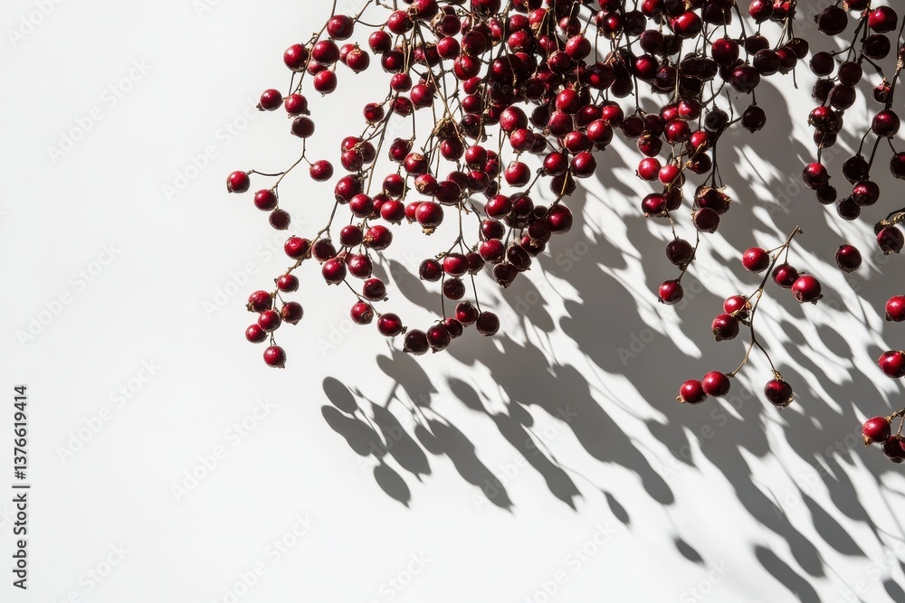 Poster delicate red berries casting shadows on a bright white surface in a serene indoor setting