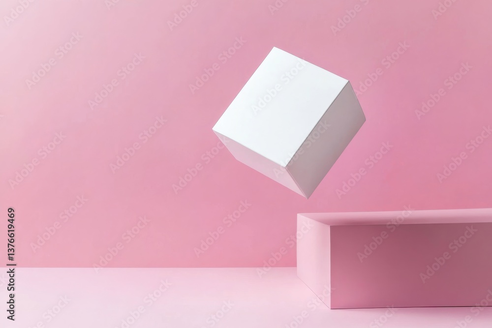 Poster Floating white cube above pink surface creates a minimalist artistic composition in a studio setting
