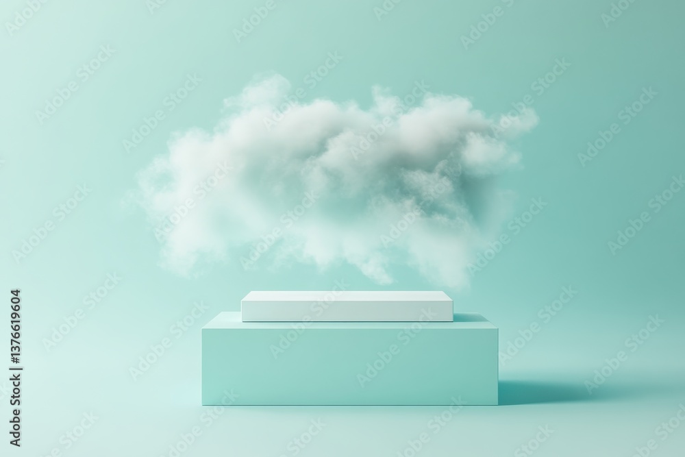 Aufkleber Floating cloud above a minimalist platform on a light blue background for a calming atmosphere and creative inspiration