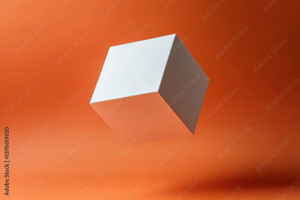 Poster floating white cube against a bright orange background capturing the essence of minimalism and moder
