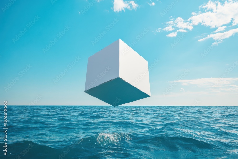 Poster floating white cube above serene blue ocean under bright sky with scattered clouds creates a surreal