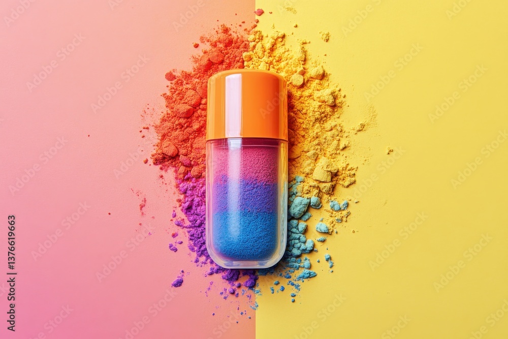 Poster colorful powder in container arranged on contrasting background during a creative art project
