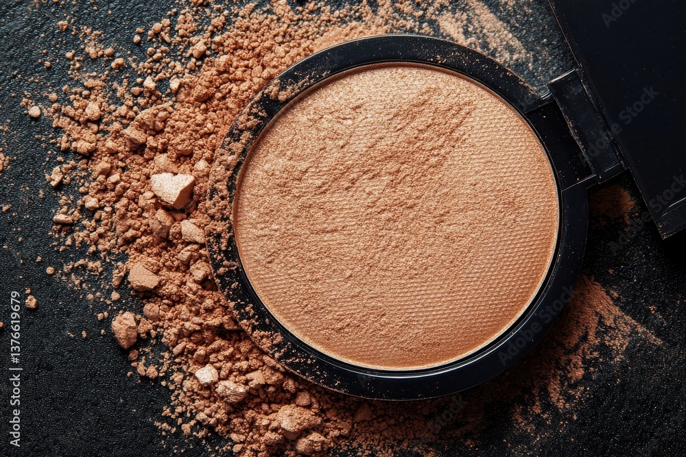 Poster close-up view of pressed bronzer powder and loose pigment on dark surface during makeup application 