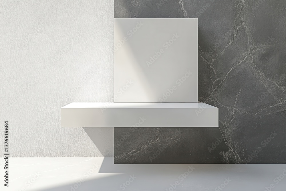 Poster modern minimalist display shelf in a bright, contemporary interior featuring neutral tones and simpl