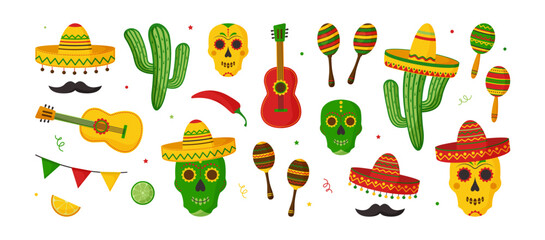 Cinco de Mayo party, mexican fiesta decoration icon. Guitar and sombrero, cactus and maraca, garland pepper, skull, mustache. Mexico, latino, spanish holiday sticker set. Cartoon vector illustration © Sylfida